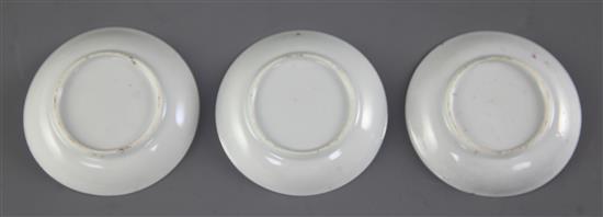 Three Chinese famille rose semi-eggshell cockerel small saucer dishes, Yongzheng period, diameter 8cm